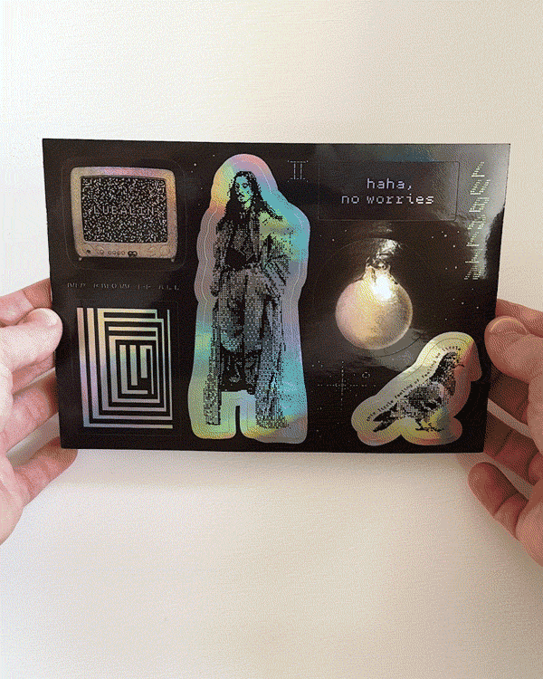 Lubalin sticker sheet reflecting light to show its iridescence